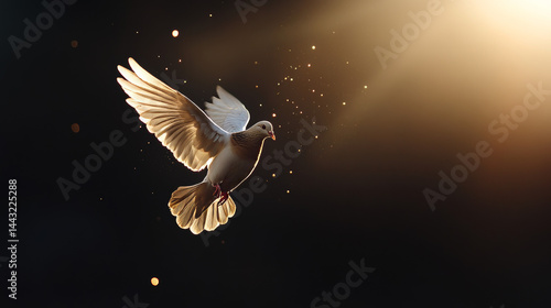 Obraz na płótnie A dove is flying through the air, its wings spread wide, illuminated by warm golden light. Dust particles shimmer around it, creating an ethereal atmosphere. The setting feels peaceful and uplifting w salonie