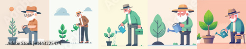 vector grandfather watering plants