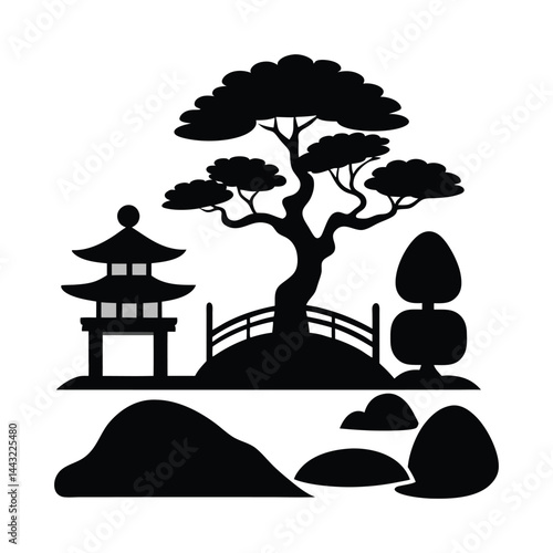 zen garden bonsai silhouette on white background