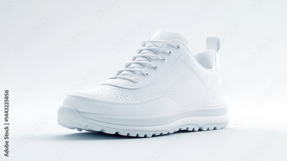 A single, white athletic shoe, angled to show its sole and laces. The shoe is clean and modern, with a subtle texture A single, white athletic shoe, angled to show its sole and laces. The shoe is clean and modern, with a subtle texture
