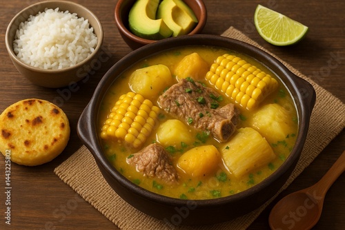 Traditional Sancocho Colombiano - Plate of Soup with Corn, Meat, Rice, and Avocado