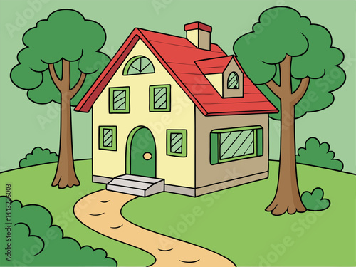 Cute Cartoon House Illustration with Green Trees and Path
