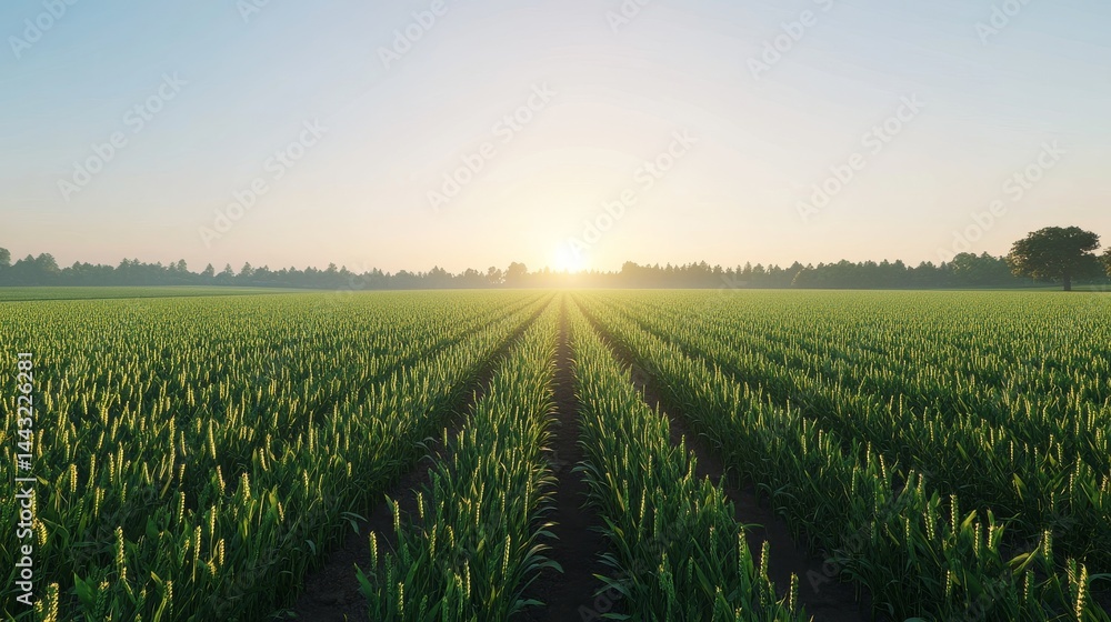 A field of young wheat is bright green. The sun is coming up, and the sky is clear.
A field of young wheat is bright green. The sun is coming up, and the sky is clear.