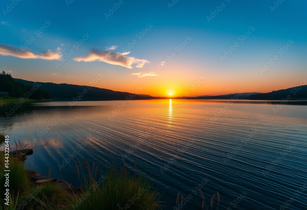 Naklejka premium Sunrise over tranquil lake, calming nature scene, outdoor, body