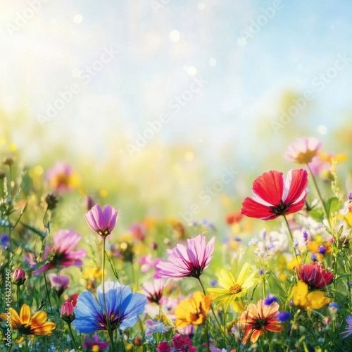 Vibrant wildflower meadow under a sunny sky with bokeh lights creating a dreamy spring atmosphere, capturing colorful blossoms in a natural setting with soft light