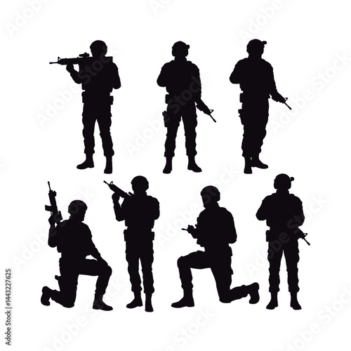Military Operation: Silhouetted Figures with Weapons. Special Forces Silhouettes. Black Silhouettes on White Background.
