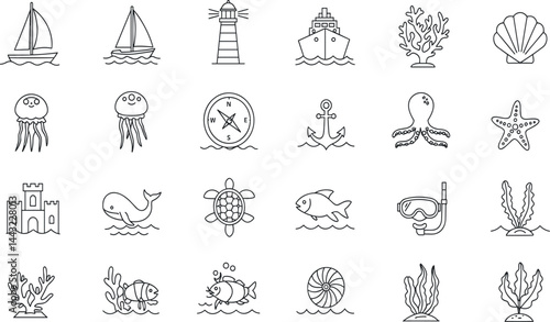 Marine Life, Nautical Elements line icon set. Vector pictograms of sea creatures, sailing, underwater exploration, sailboat, lighthouse, ship, anchor, compass