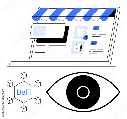 Laptop screen showcasing e-commerce elements thumbs up product listings and discounts, decentralized finance network, and eye symbol for visibility and transparency. Ideal for fintech, e-commerce