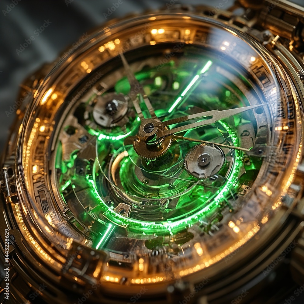 Naklejka premium Luxurious Gold Timepiece with Green Illumination