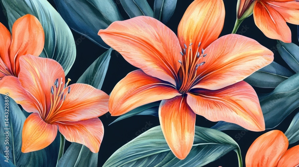 Obraz premium Vibrant Watercolor Lilies: A Tropical Floral Masterpiece