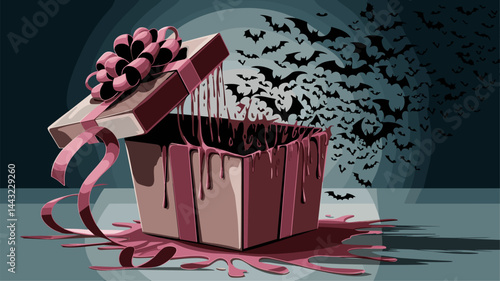 A creatively designed Halloween-themed gift box with dripping blood and a ribbon. Bats emerge from the box, adding a spooky vibe, perfect for Halloween celebrations.