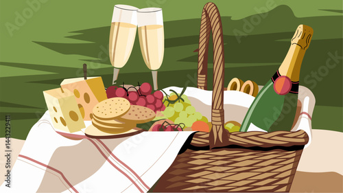A beautifully illustrated picnic basket filled with gourmet treats like cheese, fruits, and cookies, accompanied by two glasses of sparkling champagne, set against a serene green backdrop.