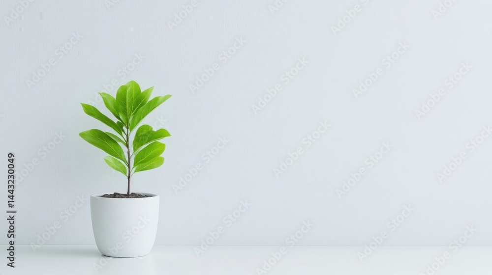 Fototapeta premium Single plant in white pot against a plain white backdrop