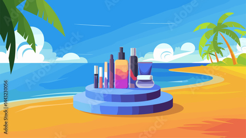 A vibrant vector illustration showcasing a variety of cosmetic products arranged on a pedestal at a serene beach. Perfect for beauty and wellness themes.