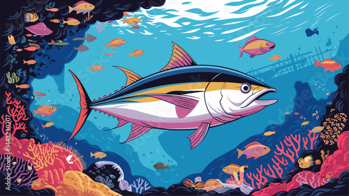 Explore the beauty of marine life in this vibrant underwater illustration, featuring a majestic tuna swimming among colorful fish and coral reefs.