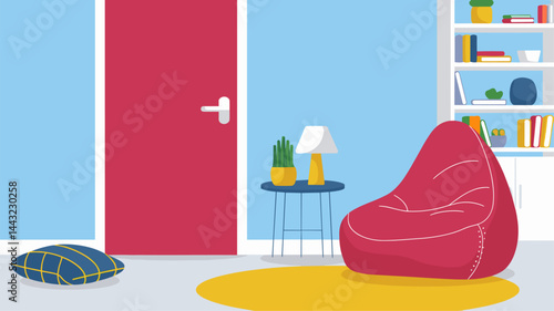 A vibrant indoor scene featuring a red bean bag chair, a cozy lamp, and decorative plants. Bright colors create a welcoming atmosphere, perfect for modern home designs or lifestyle concepts.