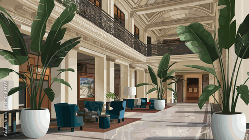 A beautifully illustrated hotel lobby featuring large potted plants, cozy seating areas, and an elegant architectural design. Perfect for showcasing luxury interiors.