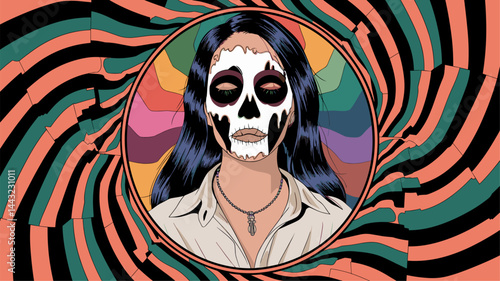 A vivid illustration of a woman with a skull face painted in a stylized manner, set against a vibrant, swirling background. This artwork embodies elements of culture and mystique.