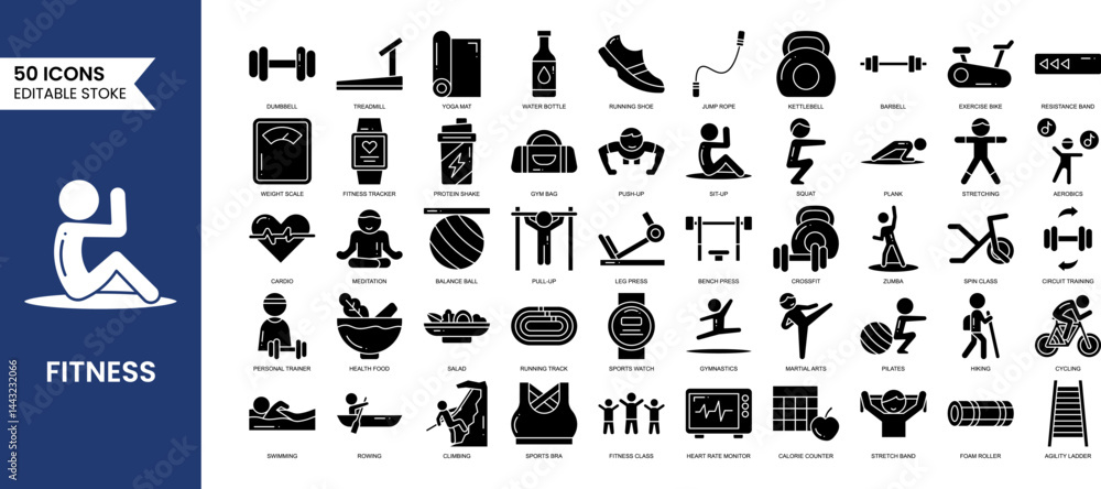 Naklejka premium Fitness editable icon set in solid style. Fitness icon set containing types of physical activity, proper nutrition, and sports equipment, and more. Vector illustration