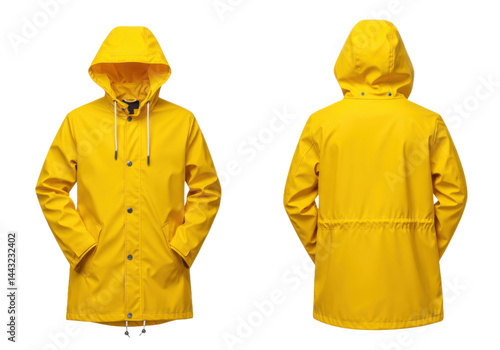 Front and back view of a yellow raincoat with hood isolated on white background