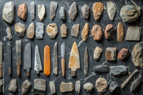 Arrangement of prehistoric stone tools and artifacts on a dark marble surface from above view