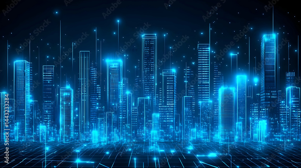 Digital Blue Cityscape with Glowing Light and High Rise Buildings At Night Digital Blue Cityscape with Glowing Light and High Rise Buildings At Night