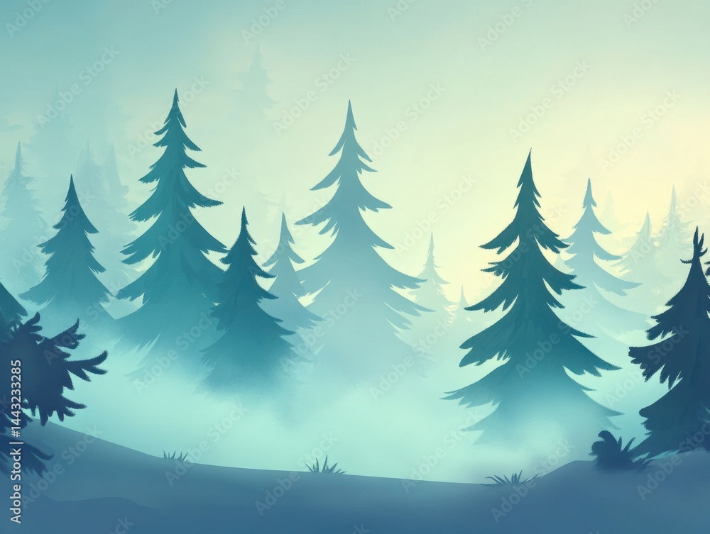 Obraz premium Serene forest landscape painting with misty atmosphere and towering pine trees creating a tranquil scene evoking a sense of peace and solitude in nature's embrace