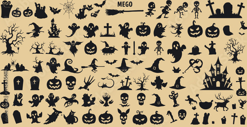 Collection of Halloween Silhouettes Spooky Ghosts Jackolanterns and Haunted Trees