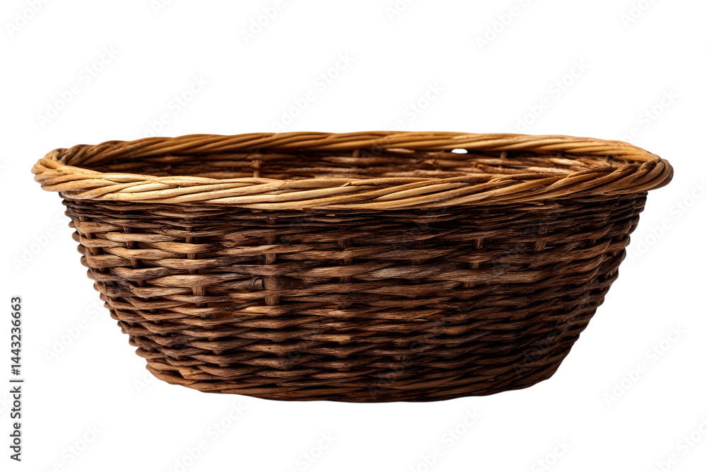 Empty circular wicker basket isolated on transparent background