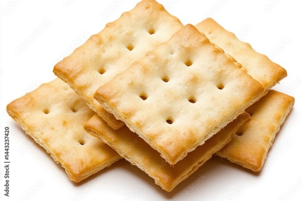 Stack of Delicious Golden Square Crackers on White Background Food Photography Close up Detail Stack of Delicious Golden Square Crackers on White Background Food Photography Close up Detail