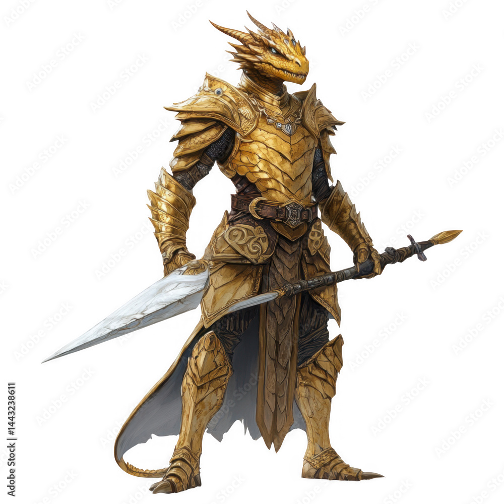 Golden Dragon Knight: A majestic dragon knight, clad in gleaming gold armor, stands proudly, a long spear held firmly in his hand. His reptilian features add a mystical quality to his regal bearing. Golden Dragon Knight: A majestic dragon knight, clad in gleaming gold armor, stands proudly, a long spear held firmly in his hand. His reptilian features add a mystical quality to his regal bearing.