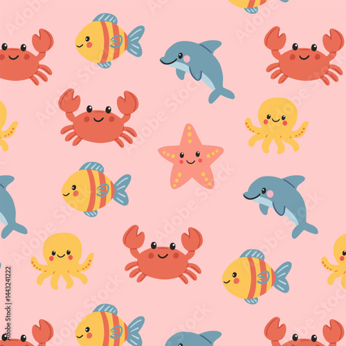 Seamless pattern with cute cartoon sea animals on pink background – crab, fish, starfish, octopus and dolphin. Flat vector marine design for kids and ocean themes.