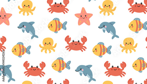 Seamless pattern with cute cartoon sea animals – crab, fish, dolphin, octopus and starfish. Flat vector marine design for kids, baby products and ocean themes.