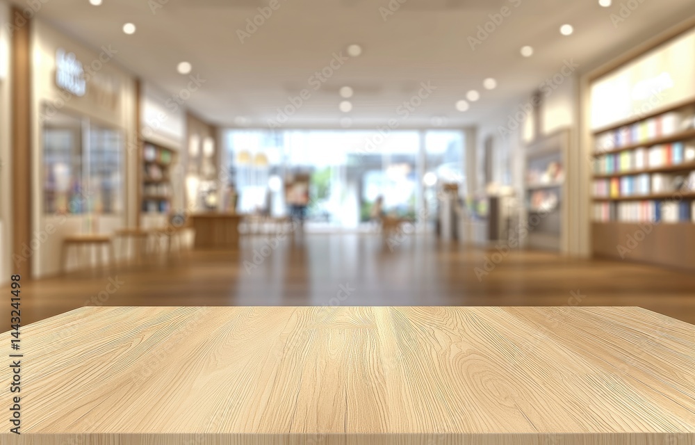 Light-colored wooden table in a blurred retail store Light-colored wooden table in a blurred retail store