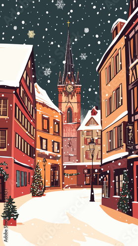 Winter in Strasbourg Christmas Street View Vintage Travel Poster