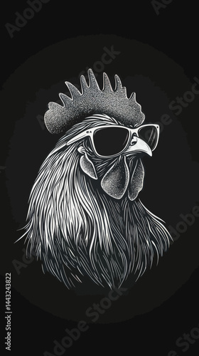 Chic Rooster in Sunglasses Engraving Black and White Minimalist Vector Art