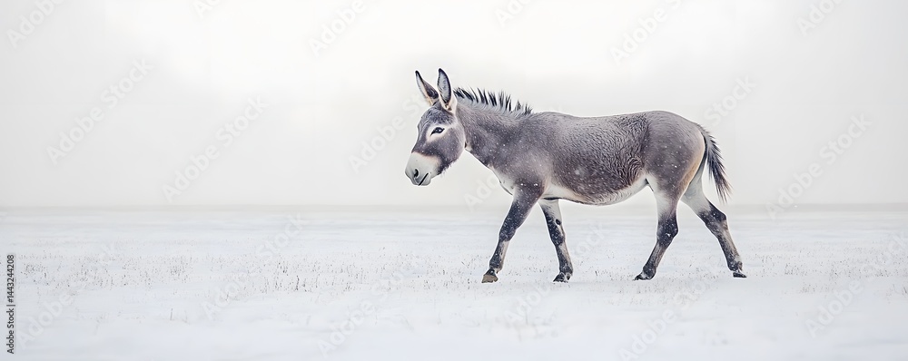 Fototapeta premium Donkey walking gracefully across the snow covered field