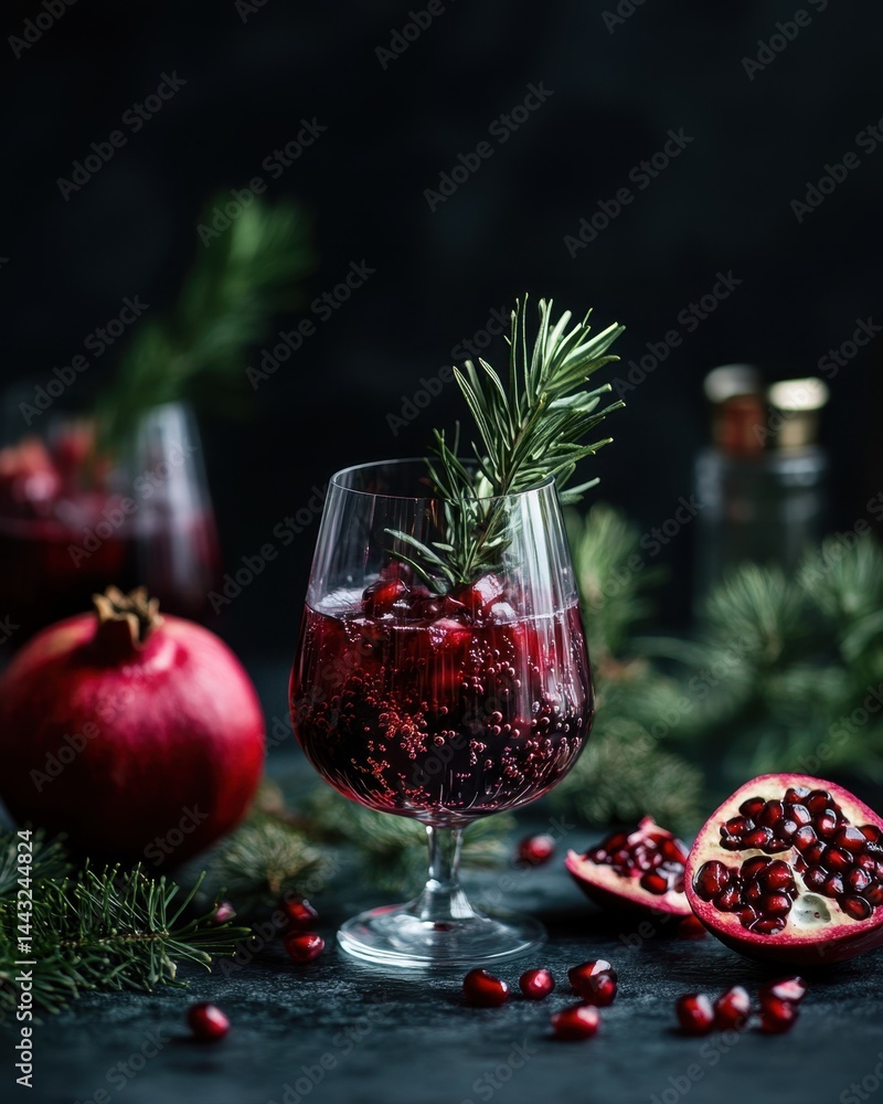 Festive pomegranate cocktail with rosemary garnish on dark background in moody light, perfect for holiday celebrations and winter gatherings, capturing a refreshing and elegant vibe Festive pomegranate cocktail with rosemary garnish on dark background in moody light, perfect for holiday celebrations and winter gatherings, capturing a refreshing and elegant vibe