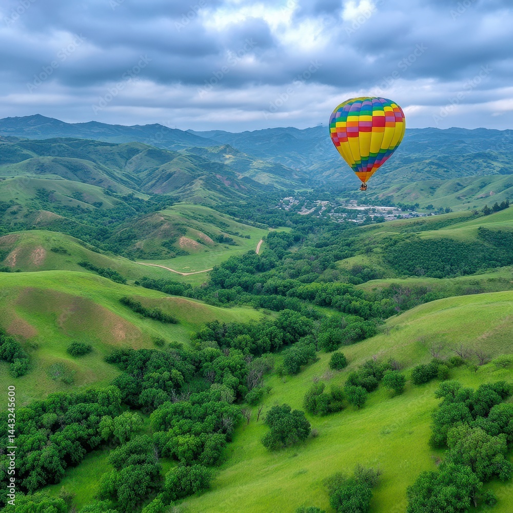 Fototapeta premium Colorful Hot Air Balloon Soaring Over Lush Green Valley Under Cloudy Sky