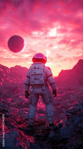 A lone astronaut gazes at a vibrant alien landscape under a pink-hued sky, with a distant planet looming above.