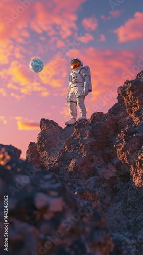 A lone astronaut in a spacesuit stands on a rocky terrain, gazing at Earth in the colorful cosmic sunset.