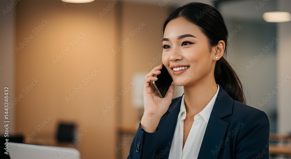 Confident Businesswoman Making a Phone Call, Smiling and Happy, Professional Communication, Corporate Success Confident Businesswoman Making a Phone Call, Smiling and Happy, Professional Communication, Corporate Success