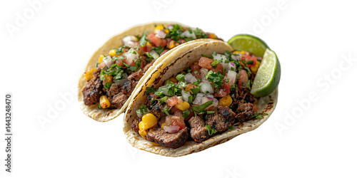 Two Delicious Beef Tacos With Fresh Salsa And Lime. Mexican Cuisine And Flavorful Street Food Isolated On Transparent Background