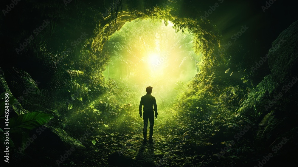 Fototapeta premium A Man's Journey into the Luminous Green Jungle Cave