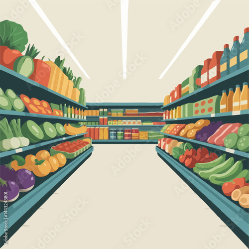 A View Down a Well-Stocked Grocery Store with Fresh Produce and Products
