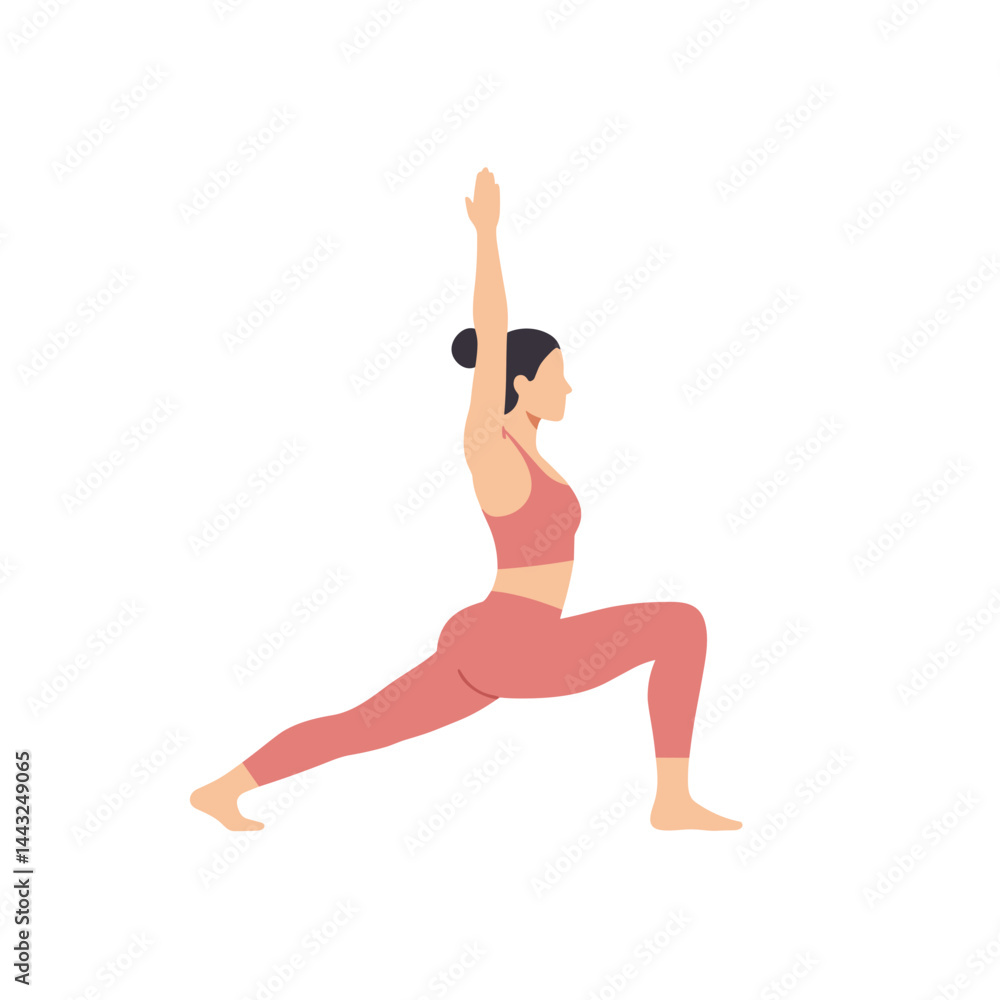 Fit woman performing warrior pose in yoga with one arm raised against a white background Fit woman performing warrior pose in yoga with one arm raised against a white background