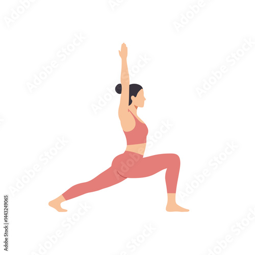 Fit woman performing warrior pose in yoga with one arm raised against a white background