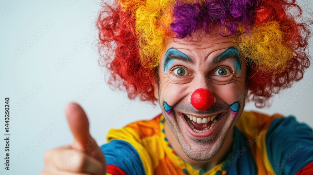 Obraz premium Happy, eccentric man wearing a bright, curly clown wig, grinning widely and pointing his finger playfully. 