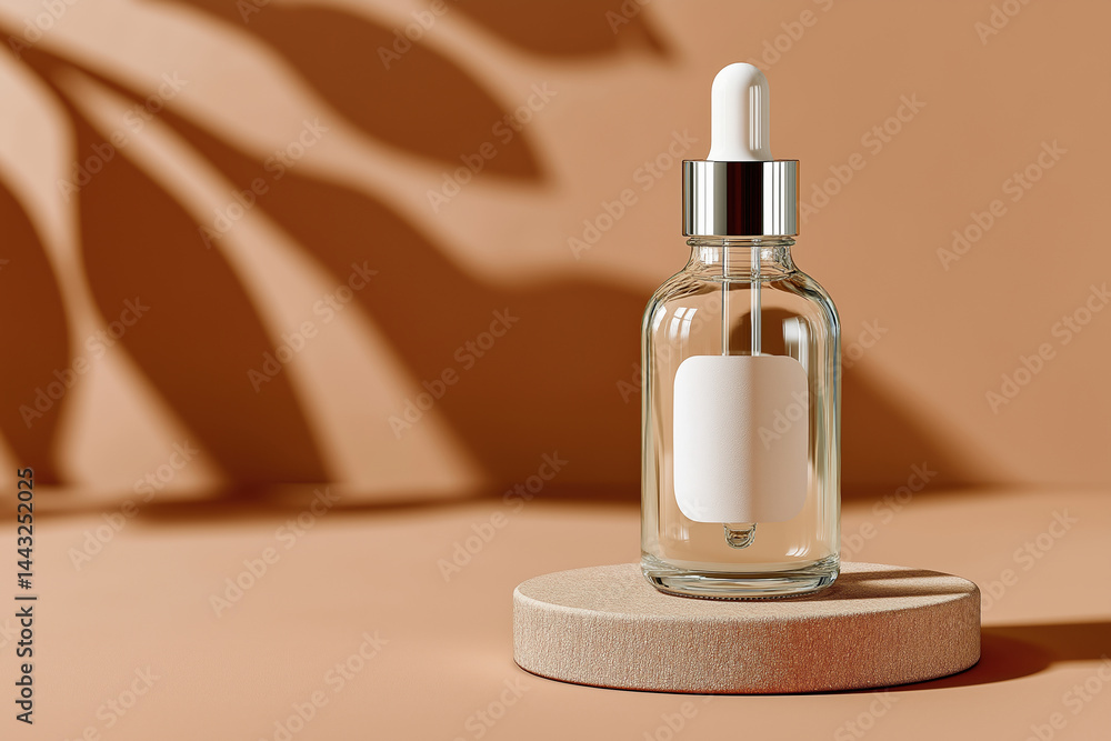 Glass dropper bottle with blank label on a beige podium in minimal natural light setting. Generated AI Glass dropper bottle with blank label on a beige podium in minimal natural light setting. Generated AI