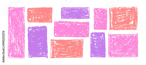 Kid doodle of rough rectangular shapes with red pink and lilac pastel wax texture, resembling chalkboard or charcoal squiggle art. Grunge school style or kindergarden hand-drawn vector illustration
